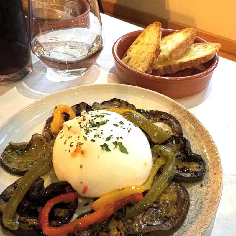 Burrata with grilled vegetables and toasted bread